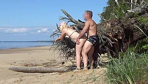 Hidden Fuck on Beach with Sexy Legs Fat Blonde Pussy Cowgirl Natural Tits Riding Big Natural Tits