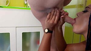 Stepsister eagerly sucks and rims monster black cock in shower for explosive cumshot!