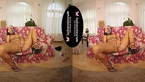 Can solo girl Jenifer Jane really handle that dildo masturbation in VR with her shaved pussy spreading?