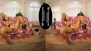 Can solo girl Jenifer Jane really handle that dildo masturbation in VR with her shaved pussy spreading?