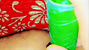 She explores with a cucumber in homemade setup as cute exotic slave