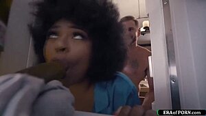 Pregnant petite ebony milf with hairy pussy licks and fucks in interracial hardcore sex