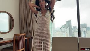 Skinny Spanish Brunette in Fishnets Tries Rough Russian Cock Outdoors by the Pool and Ends with Creampie