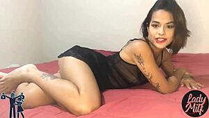 brunette european lady grabs a big cock for blowjob action. she shows her corno how to handle thick monster
