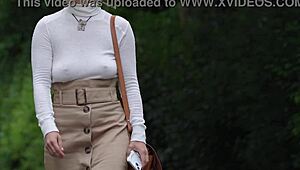 i feel so exposed and submissive as this business woman blindfolded in lingerie flashes her big tits outdoors