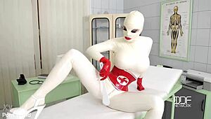 Latex sex goddess in heels does self-spanking and solo masturbation with big tits