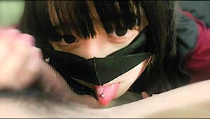 Intimate POV blowjob from a pretty long-haired Japanese brunette babe in the bedroom, leading to rough cum in mouth finish on her tight pussy.