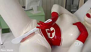 Latex sex goddess in heels does self-spanking and solo masturbation with big tits