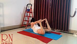 Curvy milf in white panties teases with nude yoga moves in gym close up on big pussy lips