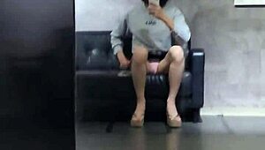 i adore shemale ting xuan's long legs in heels as she masturbates outdoors in the public hotel area