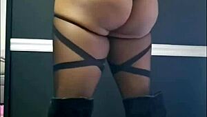 she slips into lingerie and stockings, teasing with her hairy pussy and bare feet before heading out to meet her husband