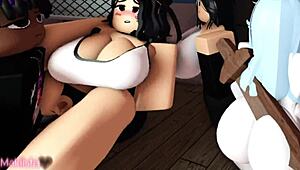 Woman leaves friend at door and enters store to see saleswoman riding big black cock. She touches him and joins for cowgirl fucking.