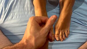 Pov latina step-sister delivers intense barefoot footjob with pretty toes until cum covers her feet