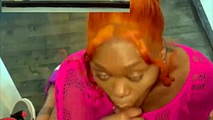 Ebony curvy girl licks balls and rides big black cock to creampie on stairs