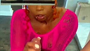 Ebony curvy girl licks balls and rides big black cock to creampie on stairs