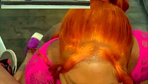 Ebony curvy girl licks balls and rides big black cock to creampie on stairs