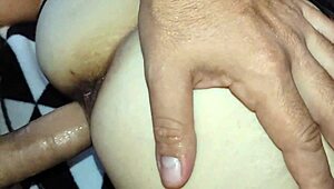 amateur milf wife in lingerie and stockings rides cowgirl for anal assfucking close up