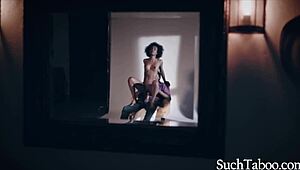 Black model licks ebony pussy in interracial tribbing then rides big tits in humiliating girl on girl session