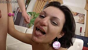 Brunette with big tits takes a monster cock in rough anal sex, gaping her asshole after a deep blowjob and facial cumshot.