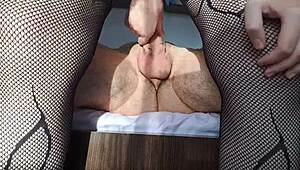 My girlfriend moans loudly riding my cock in reverse cowgirl with fishnets on in our bedroom. She feels so submissive and wet.