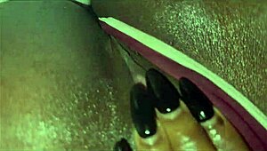Sexy black model shoves vibrator deep in shaved pussy for white guy watching!