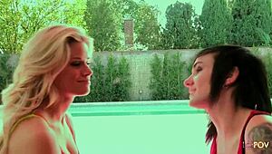 small titties and wet shaved pussy on this perfect blonde get licked and fingered by her emo girlfriend