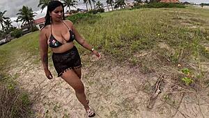 Nicoly Safada Seduces Firefighter on Beach and Rides His Cock in the Bushes