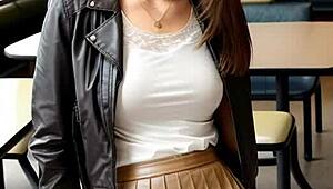 Whoa, imagine this brunette student in a leather skirt giving outdoor upskirt art lessons - total fantasy! 🎨👗