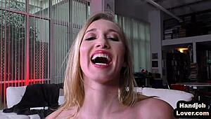 Blonde Teen In Lingerie Gives Close Up Pov Handjob To Oiled Cock While Talking Dirty