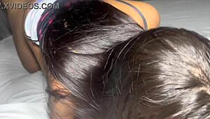 in the dark, the husband caught her giving a blowjob to another guy in this cute fetish group scene