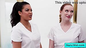 Two Horny Busty Girls SEDUCE Client for Wet Nuru Massage Sex in Shower!