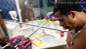 Oh yeah, suck that big black cock deep in the bathroom! she moans during amateur interracial fuck.