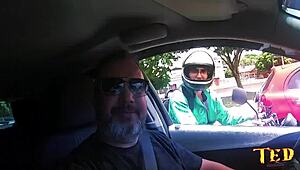 In this amateur Brazilian street pickup, emo Latina teen Anny Lopes gets naked for oral action with Jhonny Gab and Higor Negrao in a wild car ride