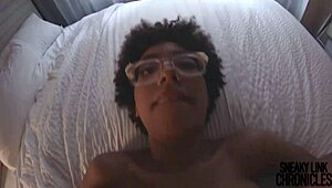 sneaky link with slim thick redbone nerd riding big black cock in cowgirl.