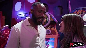 lets fuck this blonde teen with big black cock in interracial doggystyle right here in the arcade, monster intensity.