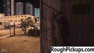 Sexy slut gets picked up outdoors for public group banging.