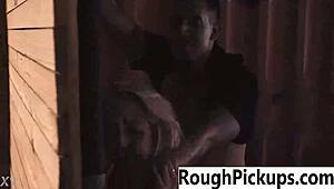 Sexy slut gets picked up outdoors for public group banging.