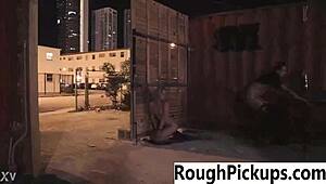 Sexy slut gets picked up outdoors for public group banging.