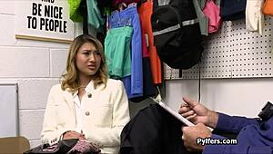 smooth asian suspect gets handled roughly after getting caught stealing at work