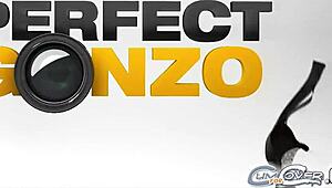 Brunette model gets five cumshots covering her face in intense bukkake blowbang