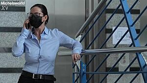 Amateur submissive wife acts as business slave in public. She goes braless with downblouse flashing her saggy natural tits while blindfolded.