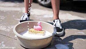 In a sunny outdoor spot, the team gives the Mercedes a thorough wash with care and attention.