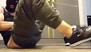 Contrasting solo wank session happens right inside tight sneakers for intense satisfaction.