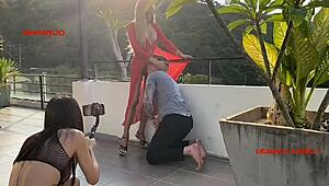 Will this stylish horny ladyboy with big cock in red dominate and fuck her skinny client?