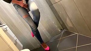 She was desperate to pee in her jeans, then he peed on her ass while she gave him a blowjob in that homemade pov scene.