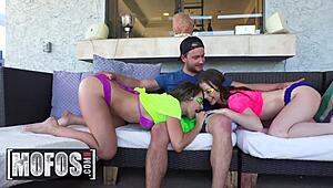 uh, i mean, anya olsen and kimmy granger are these two bikini babes sharin' a boyfriend in a creampie threesome...