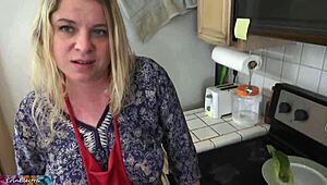 Hey stepson, want me to milk your big cock in the kitchen before your date swallows cum?