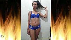 Beautiful brunette poses in blue lingerie for trailer 01