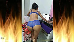 Beautiful brunette poses in blue lingerie for trailer 01