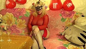 That hot blonde looks amazing in her red lingerie